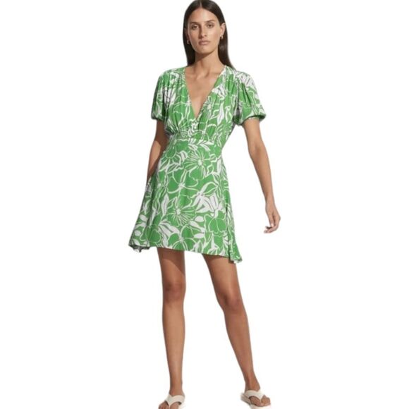 Faithful The Brand La Castella Green White Tropical Mini Dress Size 4 - Picture 1 of 15